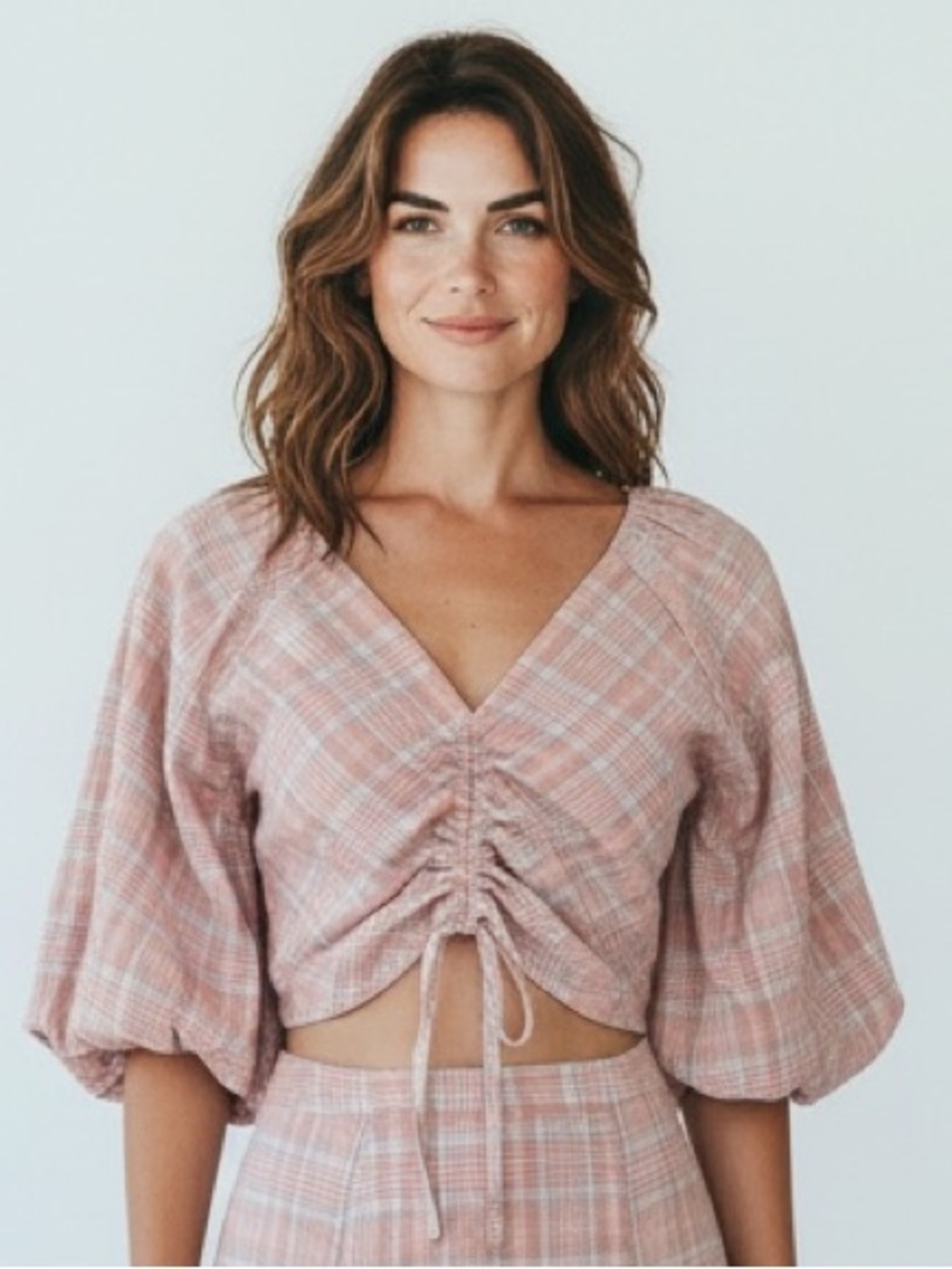 dRA Plaid Ruched Crop Top | Puff Sleeve | Cottagecore | XS